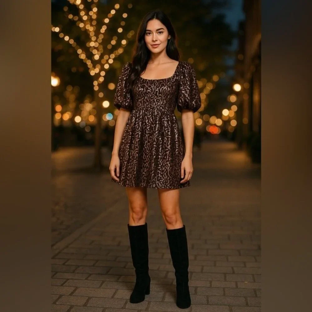 Anthropologie Moon River Copper Sequin Puff Sleeve Babydoll Mini Dress S NWT